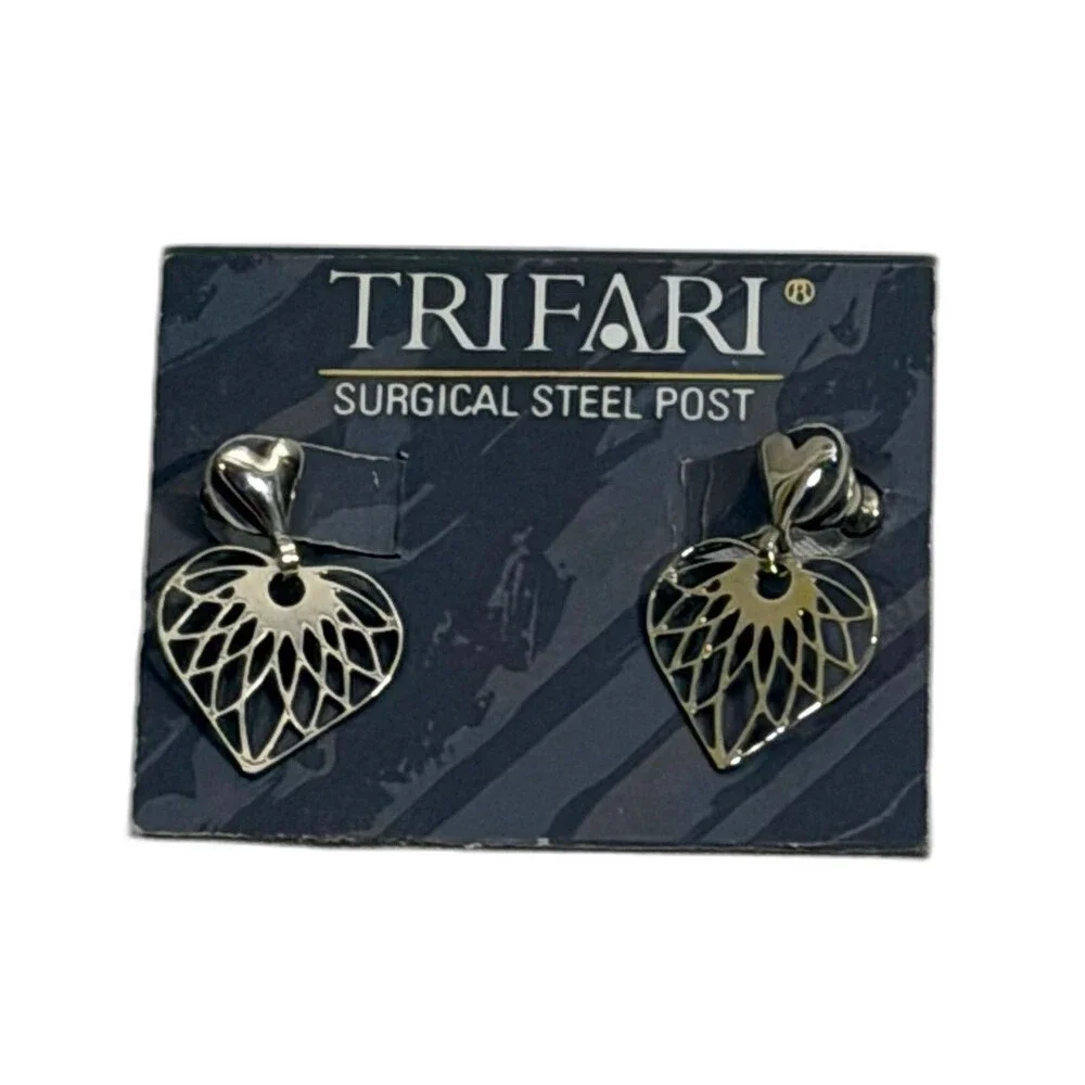 Vintage Trifari Filigree Heart Drop Earrings with Surgical Steel Posts